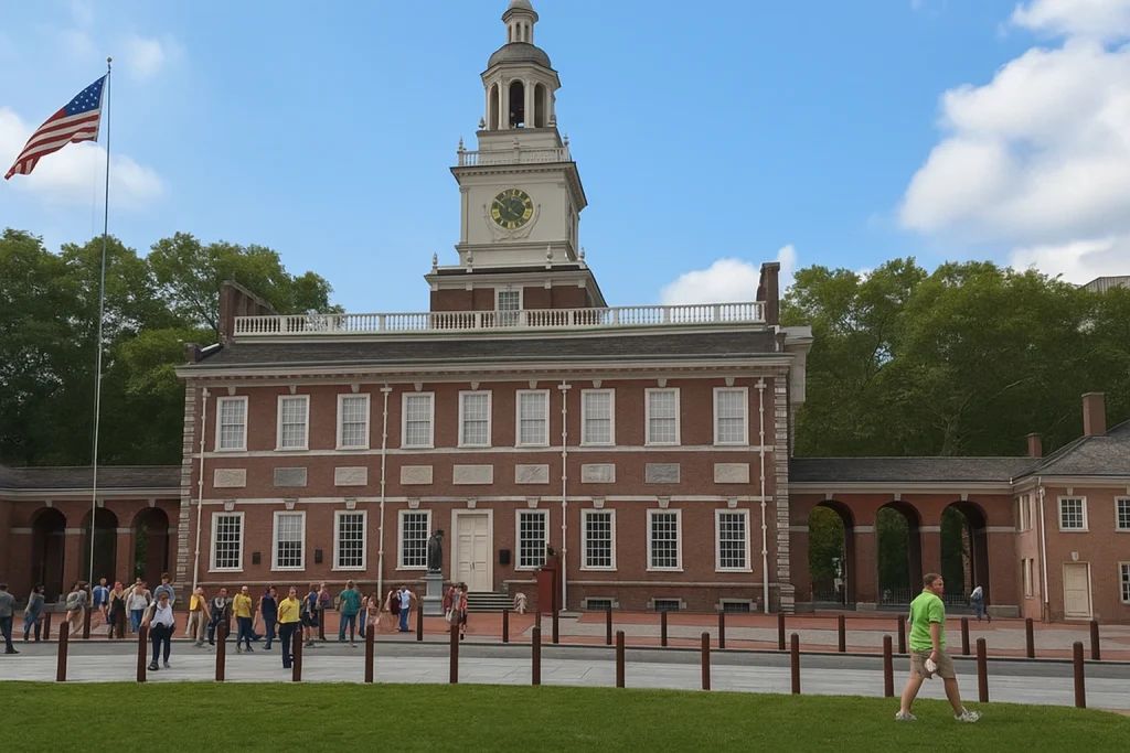 Bâtiment universitaire historique aux États-Unis avec des étudiants devant l’entrée.