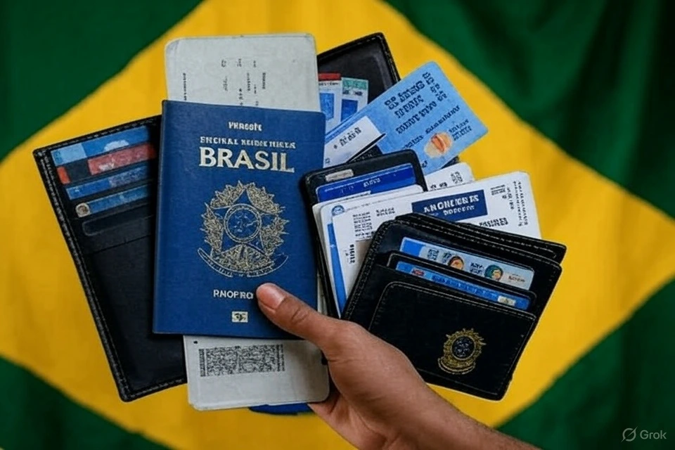 Passeport du Brésil et documents de voyage devant un drapeau brésilien, illustration des démarches pour obtenir un visa pour le Brésil