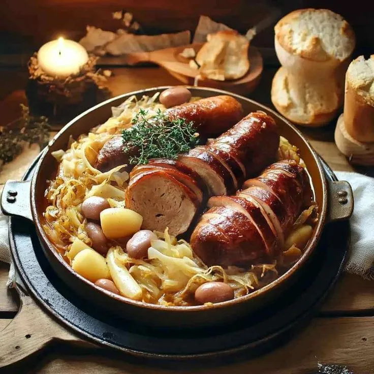 Choucroute garnie traditionnelle, une des spécialités allemandes les plus emblématiques à base de chou fermenté et saucisses