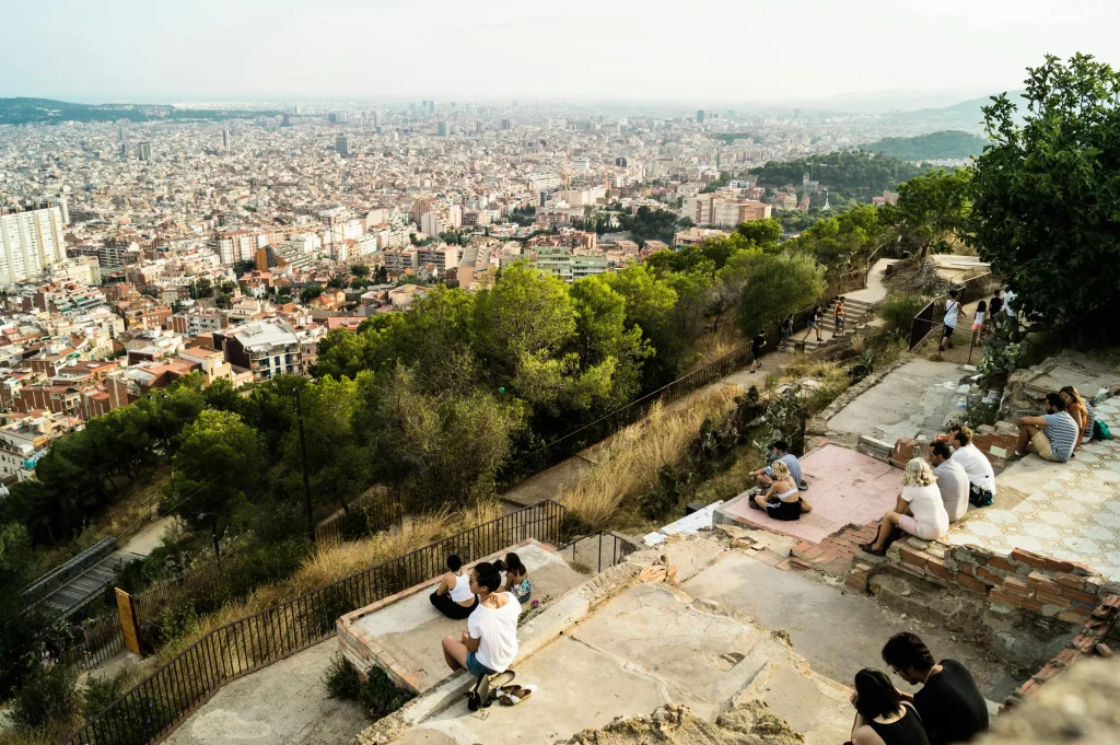 Panoramic view of Barcelona from the Bunkers del Carmel at sunset.