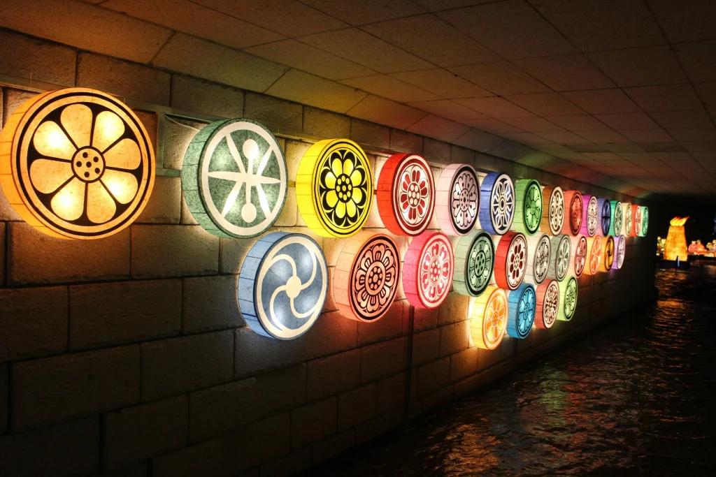 remote work in South Korea -culture Expatis.Lighted symbols against wall that can symbolise a festival