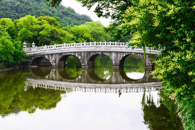 Remote work in South Korea - Daegu - Expatis. A photo of a bridge taken from above a lake. A reflection is visible on the water.