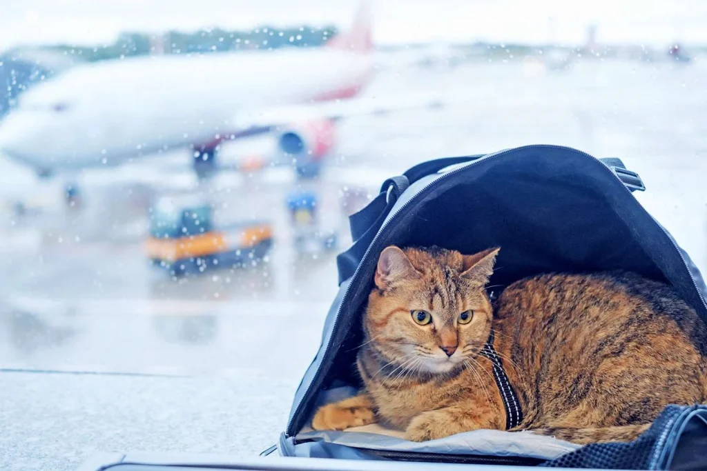 Un chat tigré confortablement installé dans un sac de transport près d'une fenêtre d’aéroport, observant la piste sous la pluie avec un avion en arrière-plan.