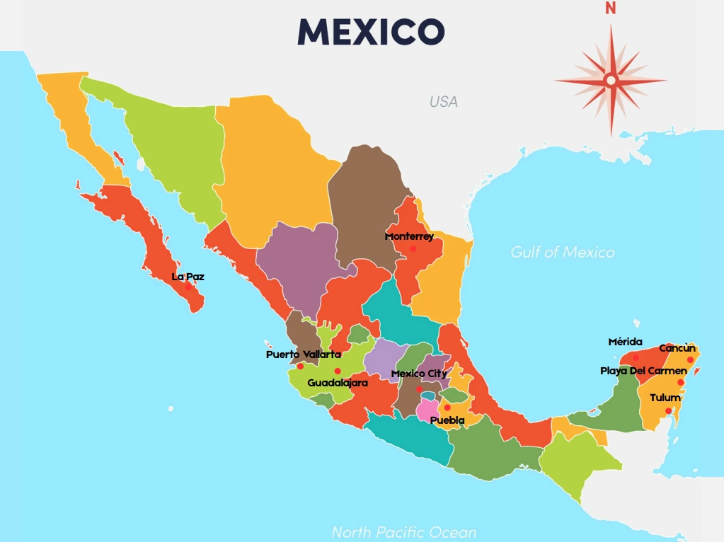 Carte illustrée mettant en valeur les meilleures villes du Mexique pour vivre ou voyager, incluant des villes comme Cancún, Mérida et Puerto Vallarta.