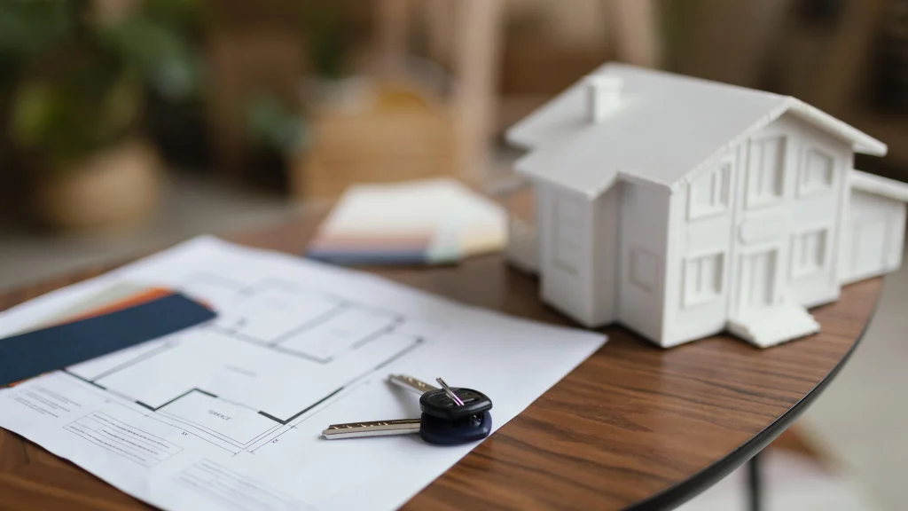 Maquette de maison et plan d’étage avec des clés posées sur une table, représentant la phase de planification liée à la location d’un logement au Canada.