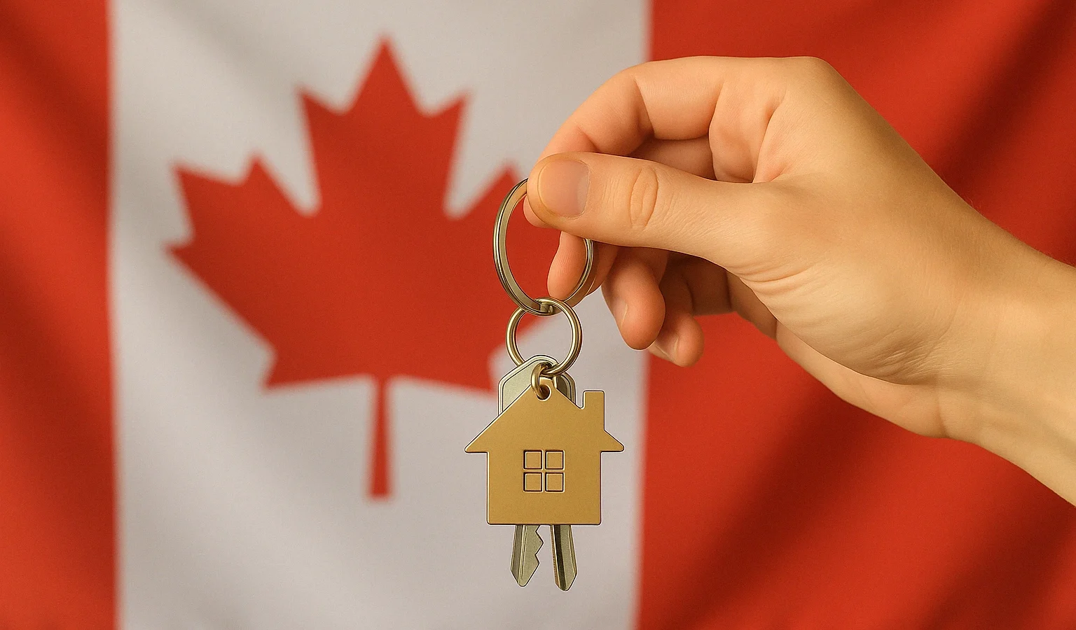 Main tenant des clés de maison devant le drapeau canadien, symbolisant un nouveau départ pour les nouveaux arrivants et les expatriés cherchant un logement au Canada.