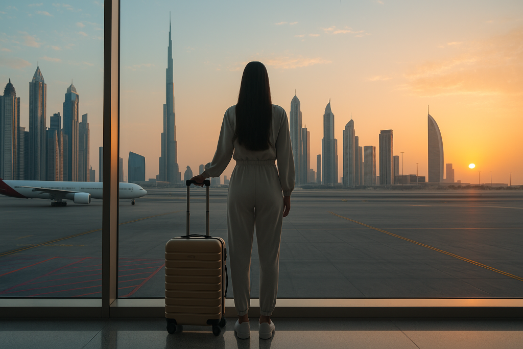 Jeune femme de dos avec une valise, observant la skyline dynamique de Dubaï depuis une baie vitrée d'aéroport au coucher du soleil, avec vue sur le Burj Khalifa et des gratte-ciel emblématiques.