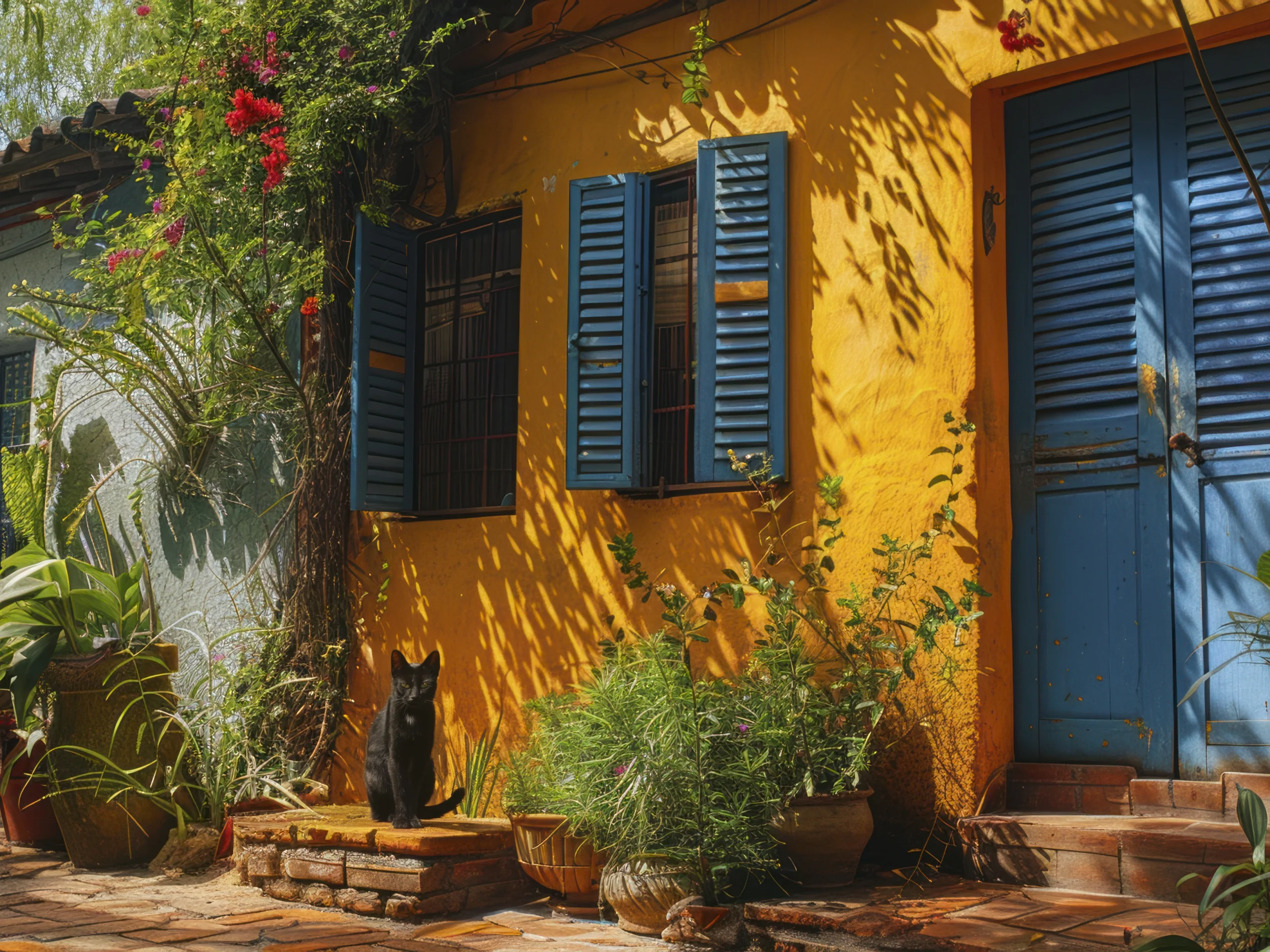 A vibrant yellow house with blue shutters and plants, showcasing traditional housing in Colombia with a black cat sitting at the entrance.