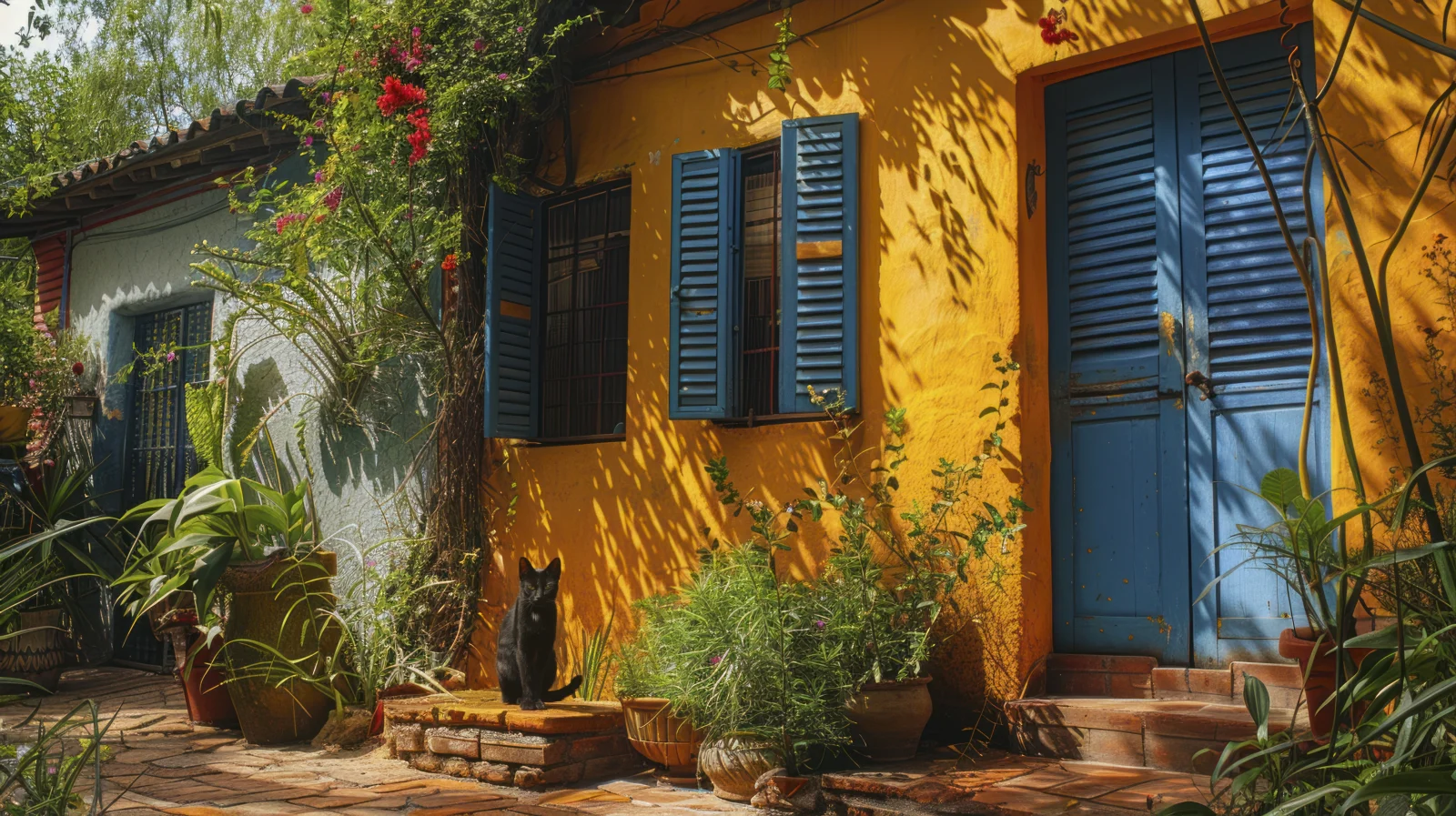 Une maison jaune vif avec des volets bleus et des plantes, illustrant l’architecture traditionnelle d'un logement en Colombie, avec un chat noir assis à l’entrée.