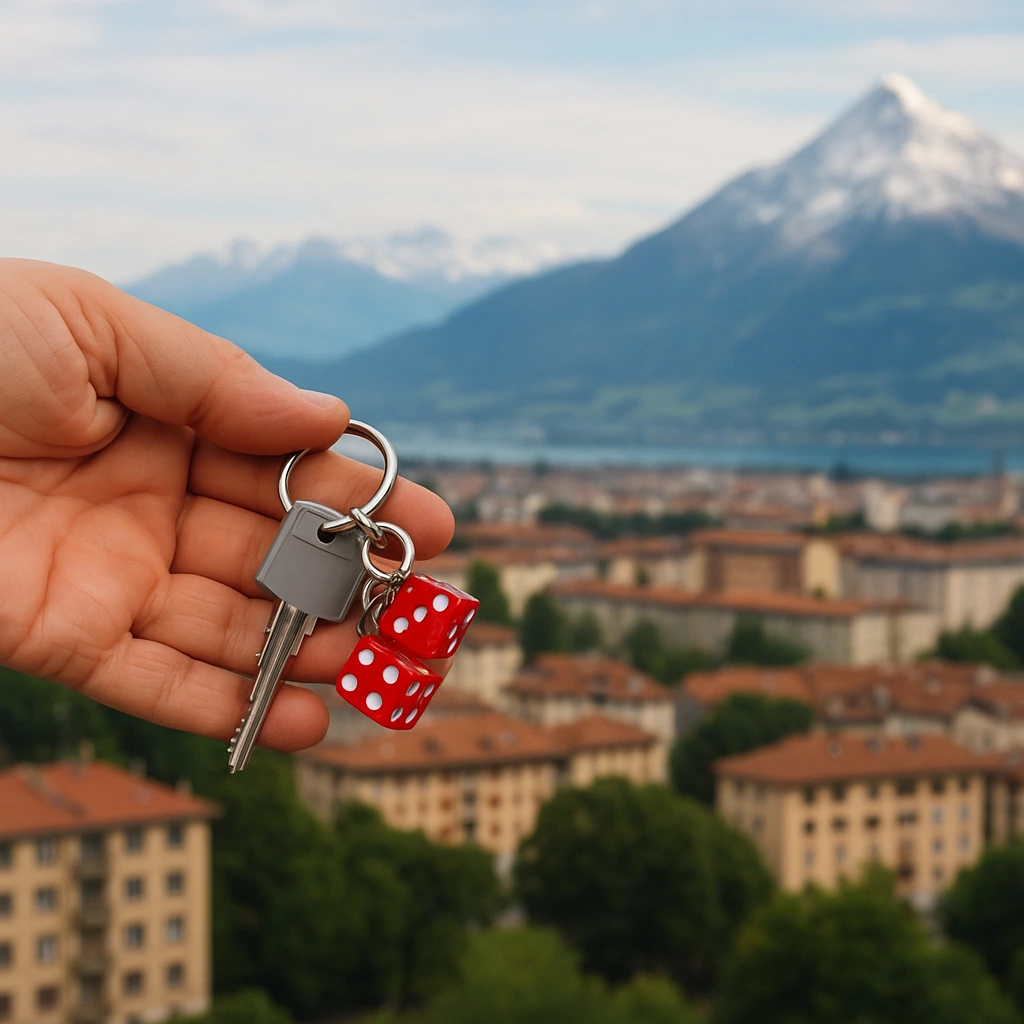 Clés d’un nouvel appartement symbolisant l’accès réussi d’un expatrié au logement en Suisse, avec en toile de fond les paysages alpins.