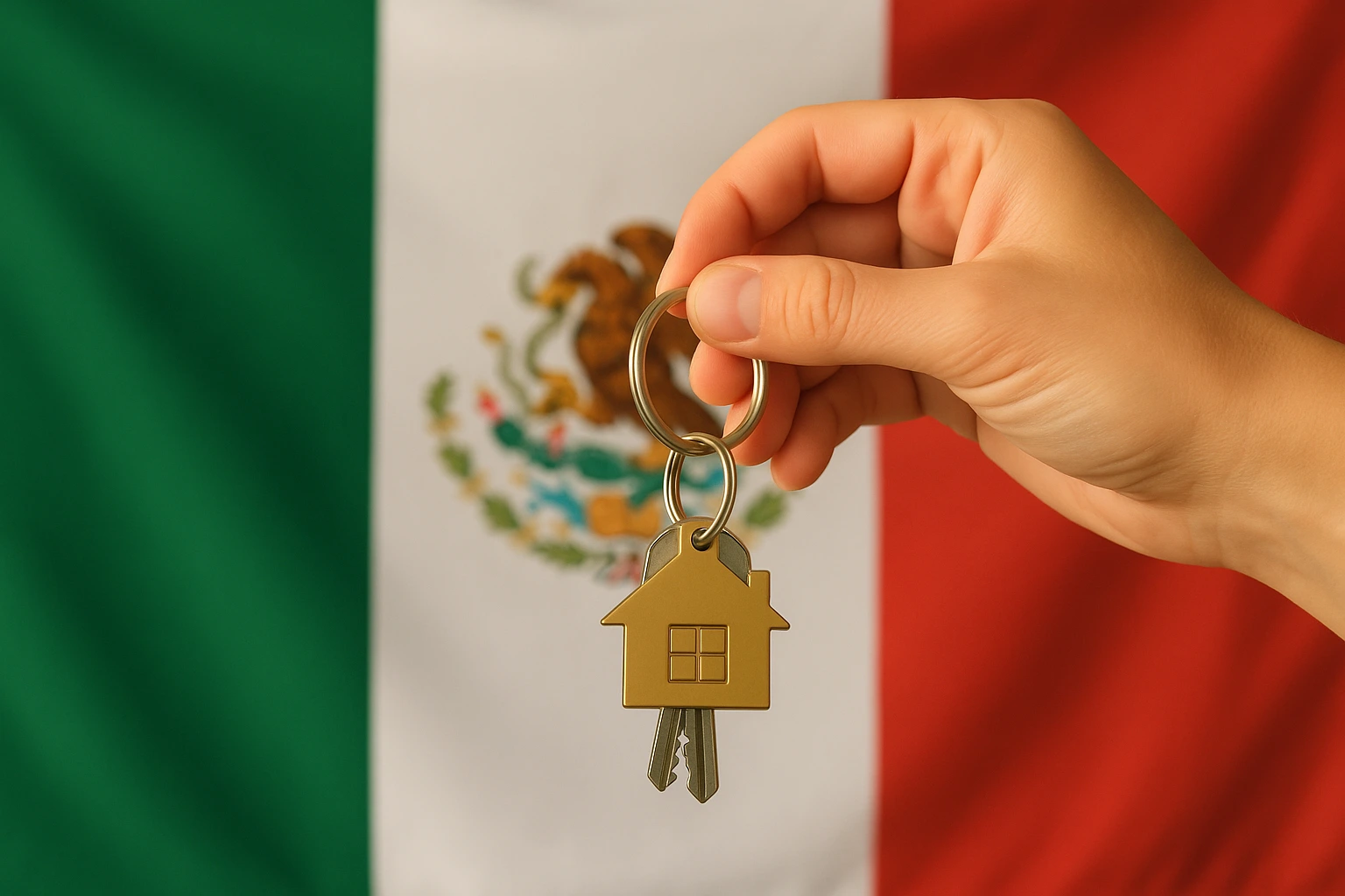 Hand holding house keys in front of Mexico’s flag — symbolizing the process of renting in Mexico for expats and newcomers.