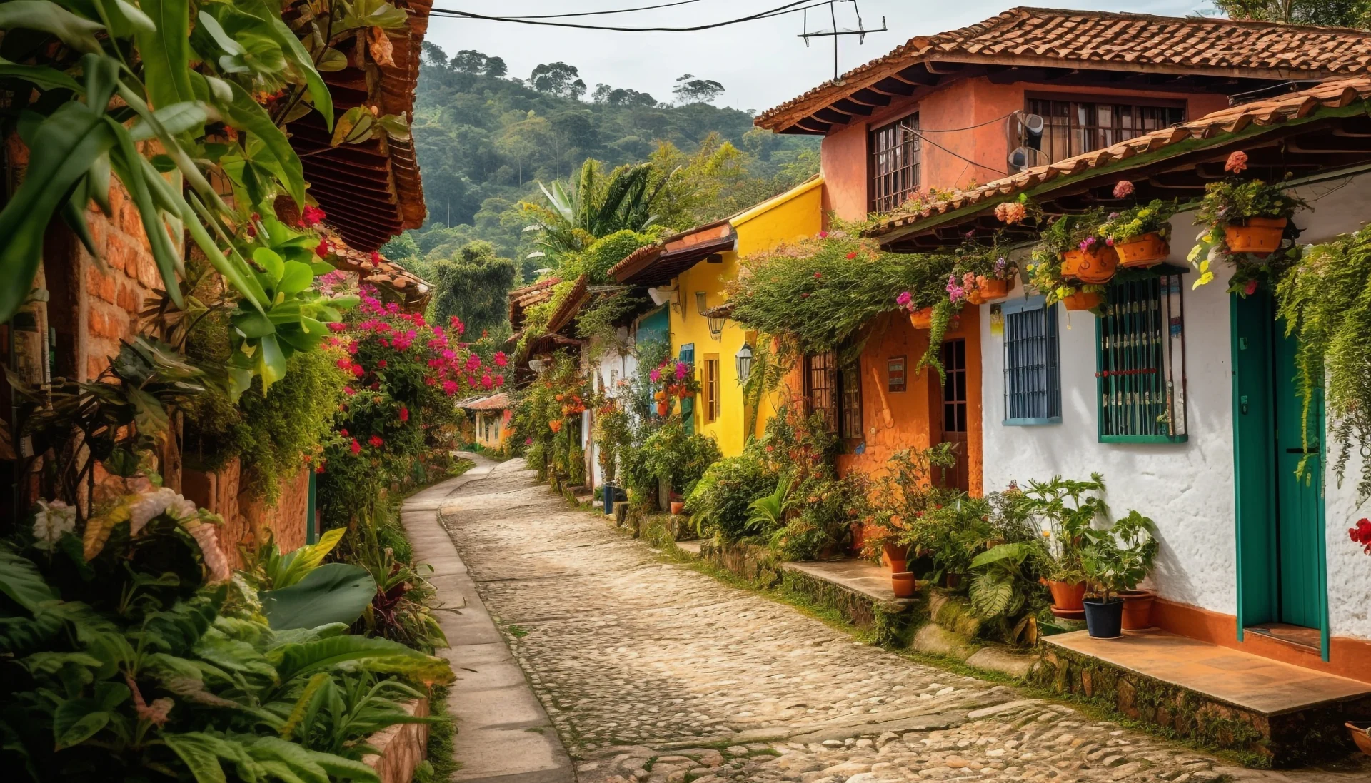 Une rue pavée paisible bordée de maisons colorées et de fleurs luxuriantes dans un petit village colombien, entourée de collines verdoyantes et de nature.