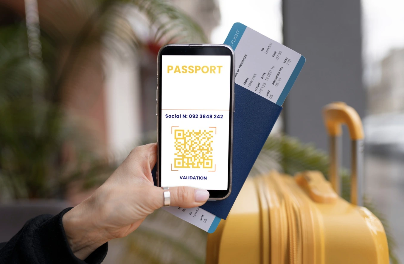 Traveler holding phone with QR code and passport, displaying Thailand Digital Arrival Card for boarding at the airport.