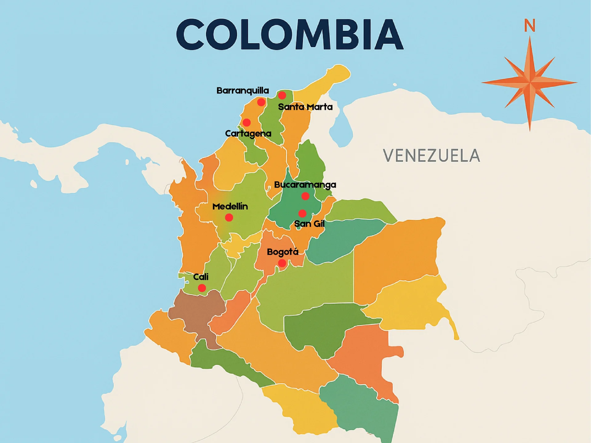 Carte colorée de la Colombie avec des destinations majeures comme Bogotá, Medellín et Cartagena marquées par des étiquettes en gras et des points rouges.