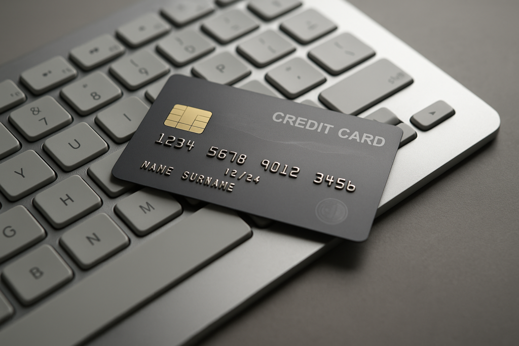 Gros plan d’une carte bancaire grise posée en diagonale sur un clavier d’ordinateur argenté, illustrant un paiement en ligne ou une transaction numérique.