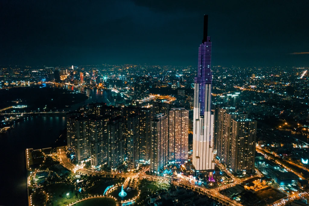 Landmark 81 tower lit up at night in Ho Chi Minh City, Vietnam