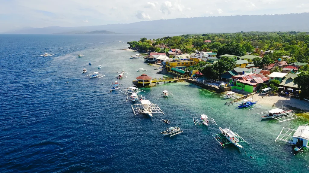 Aerial view of a coastal village with traditional boats and seaside housing in the Philippines.