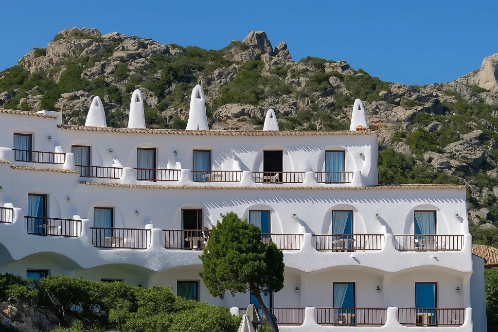 Typical building in Greece with a white facade and balconies, at the foot of a rocky hill, illustrating housing and the cost of living in Greece.