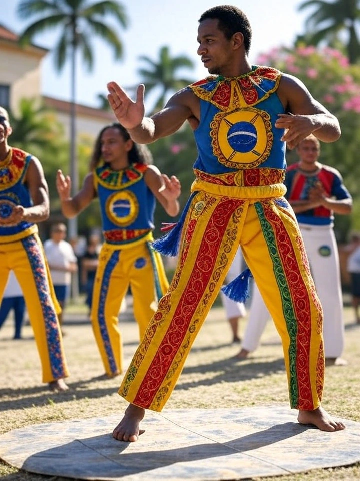 Capoeira dancers performing outdoors in Salvador, dressed in traditional colorful costumes—an iconic and lively cultural experience of Brazil.