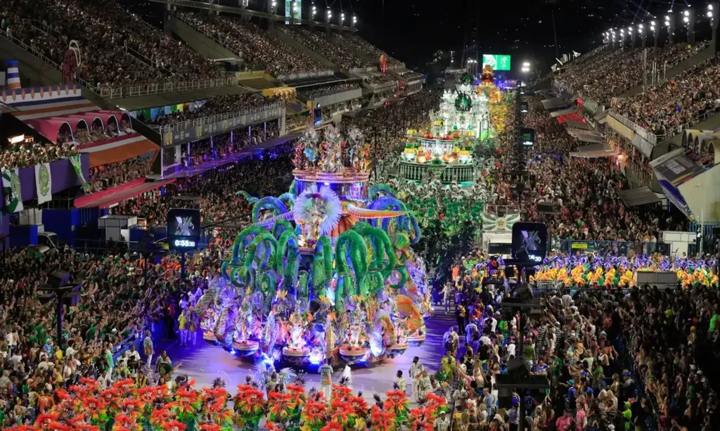 Rio de Janeiro Carnival parade at the Sambadrome, featuring colorful floats, samba dancers, and a jubilant crowd during Brazil’s biggest festival.