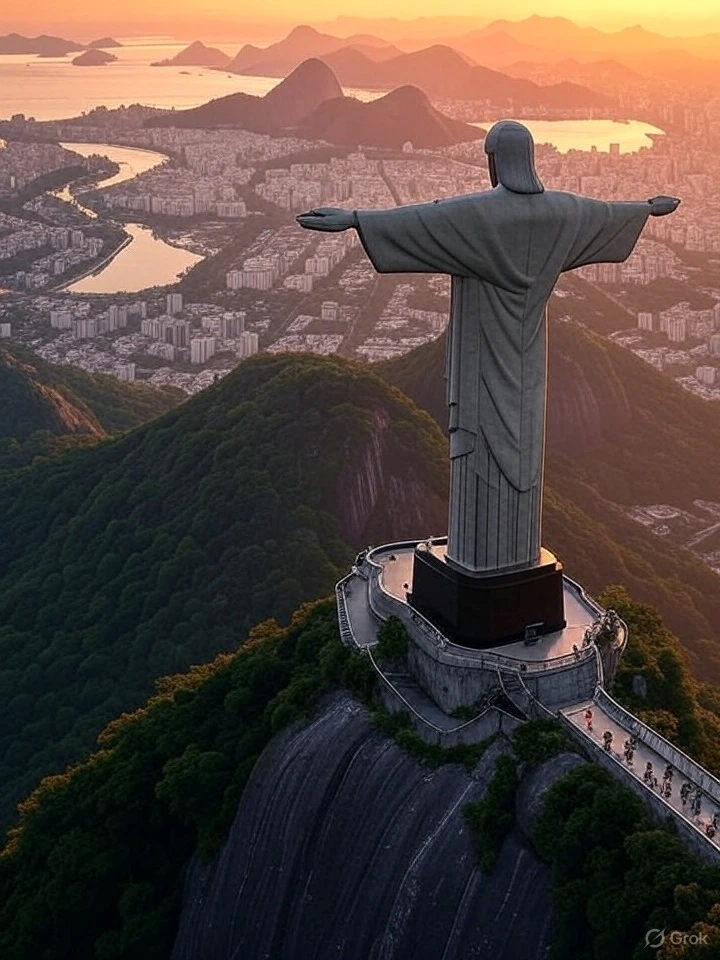 Aerial view of Christ the Redeemer in Rio de Janeiro at sunset, an iconic symbol and must-see landmark on any trip to Brazil.