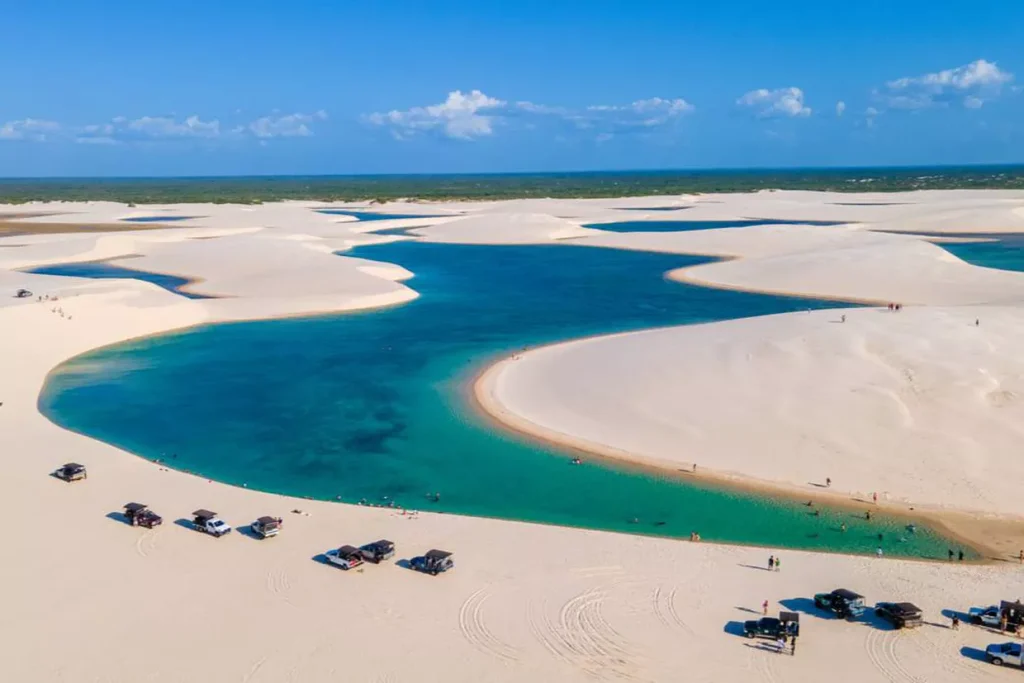 Spectacular landscape of the Lençóis Maranhenses in Brazil, with white sand dunes and turquoise lagoons a unique and pristine natural site.