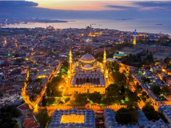 Aerial night view of Istanbul with the illuminated Suleymaniye Mosque and the Bosphorus in the background, symbolizing housing opportunities in Turkey for expats.