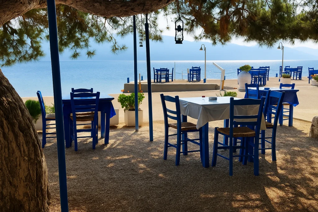 Traditional Greek seaside taverna with blue chairs and a view of the Aegean Sea.