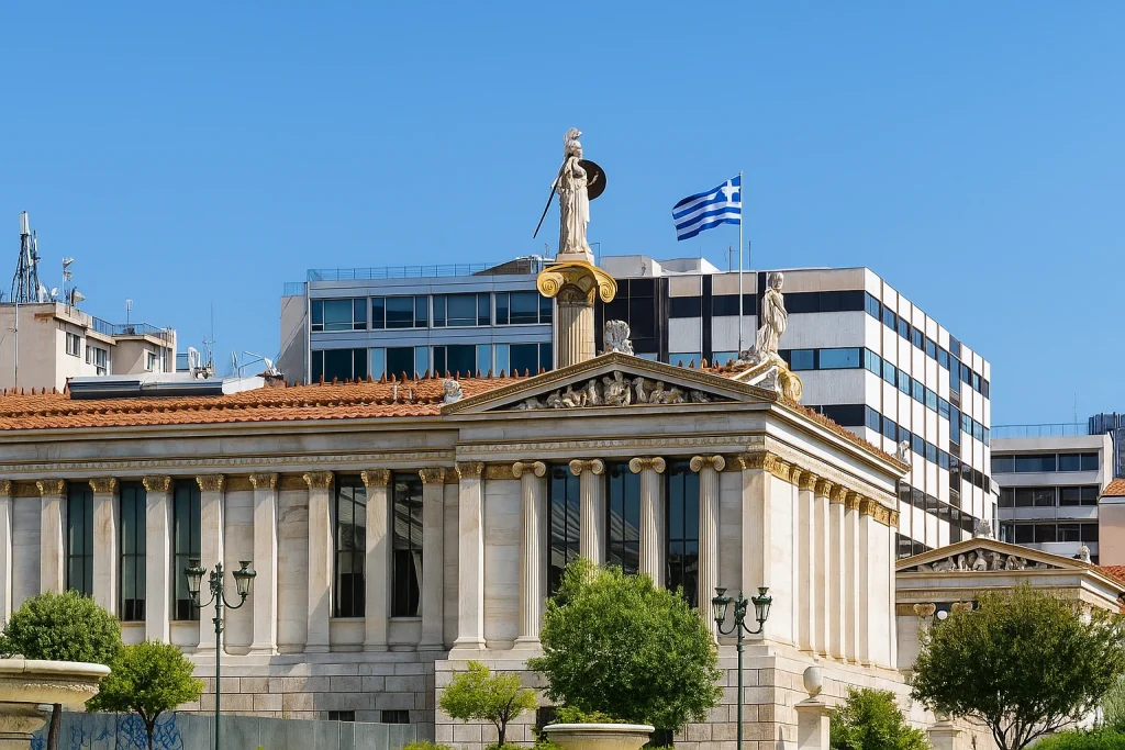 University of Athens with neoclassical architecture and Greek flag.