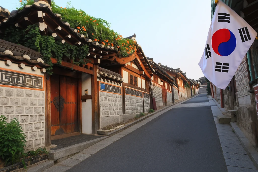 Rue traditionnelle à Séoul avec maisons hanok et drapeau de la Corée du Sud, symbole du patrimoine coréen.