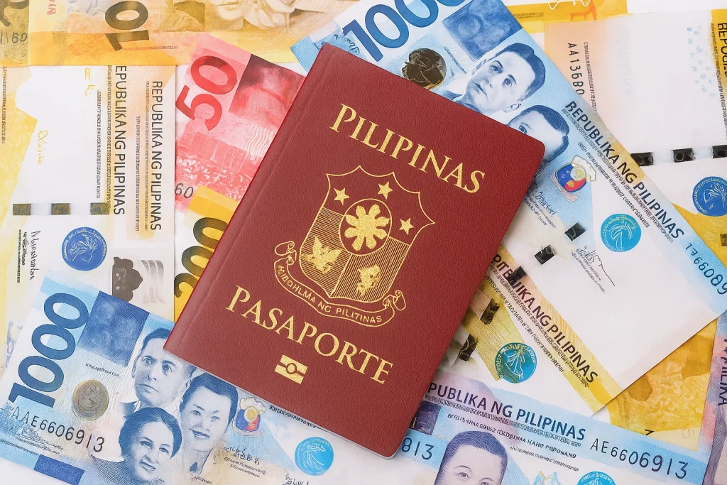 Passeport philippin sur des pesos pour illustrer le coût et les démarches du visa pour les Philippines.