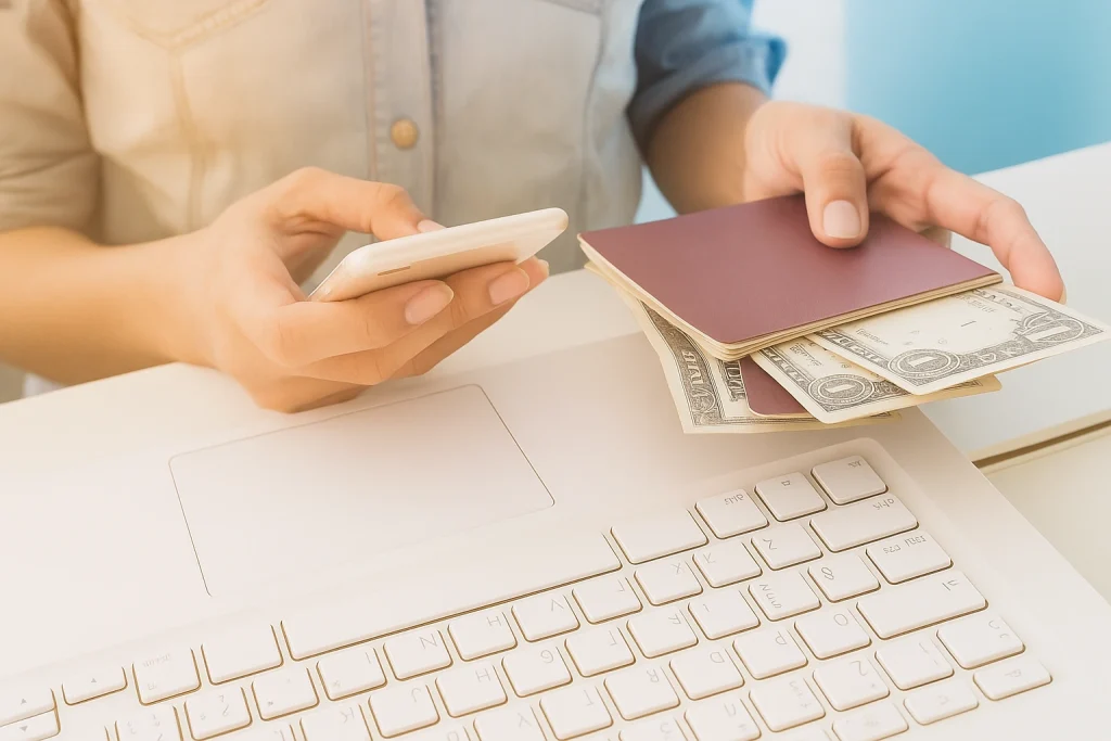 Personne utilisant un smartphone avec un passeport et des billets de banque sur un ordinateur portable