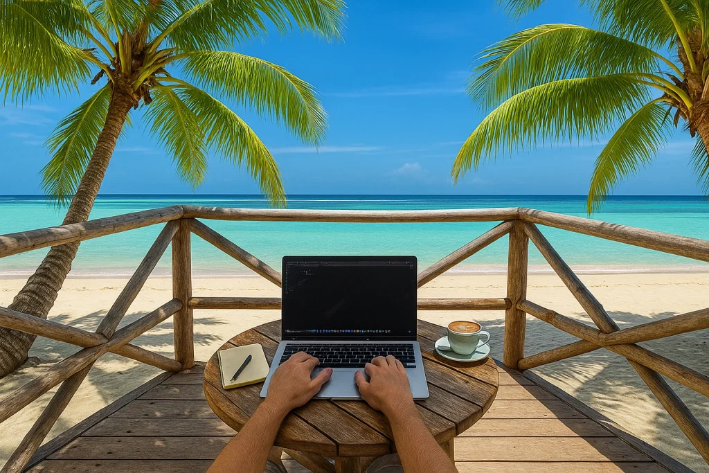 Travail à distance sur une plage tropicale aux Philippines.