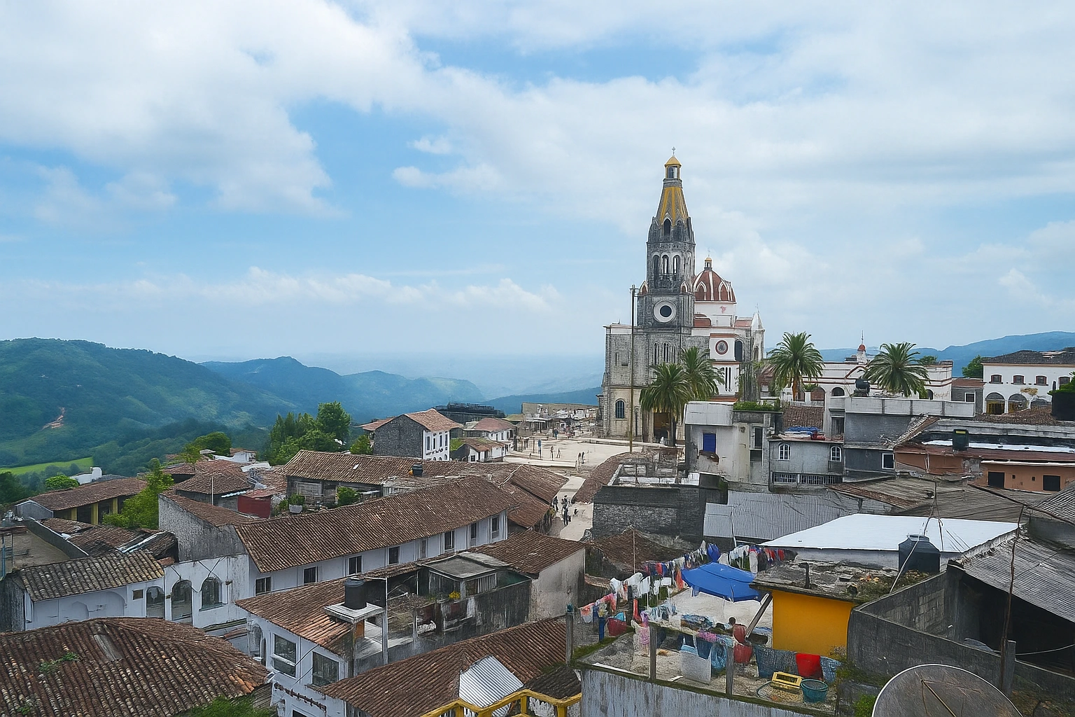 Village traditionnel avec église au Mexique, reflet du patrimoine et du coût de la vie au Mexique en zone rurale.