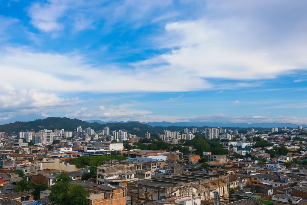 Vue panoramique d’une ville colombienne avec ses bâtiments colorés, ses toits plats et les montagnes en arrière-plan.