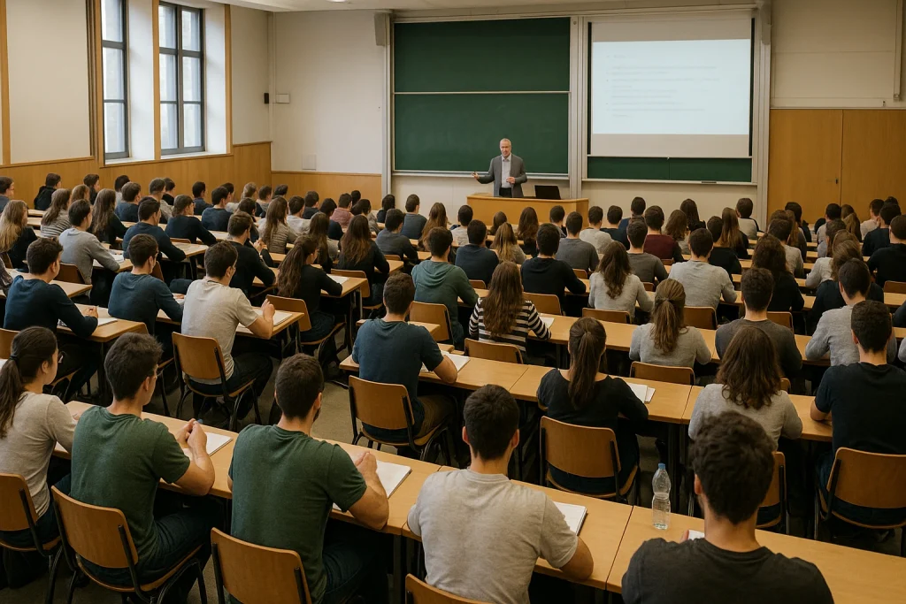 Students attending a lecture in an amphitheater at universities in Turkey.