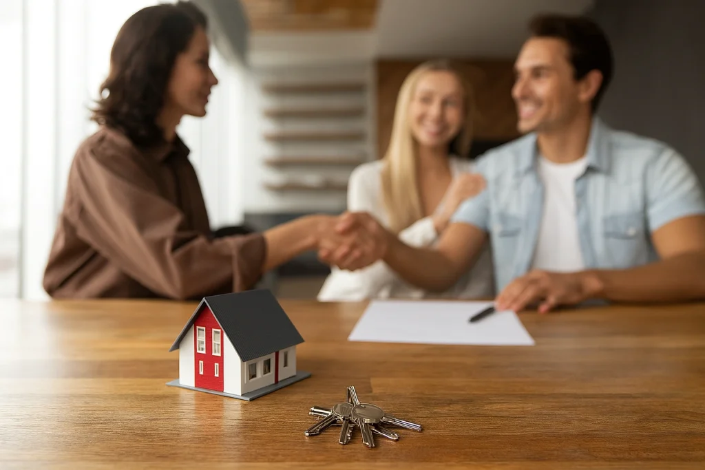 Signature of a rental contract for accommodation in Belgium with key handover.