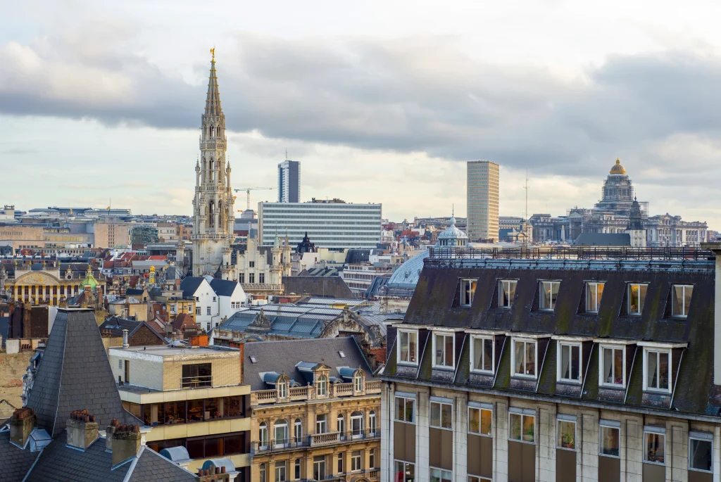 Panoramic view of Brussels, Belgium, city center and typical rooftops in 2025.