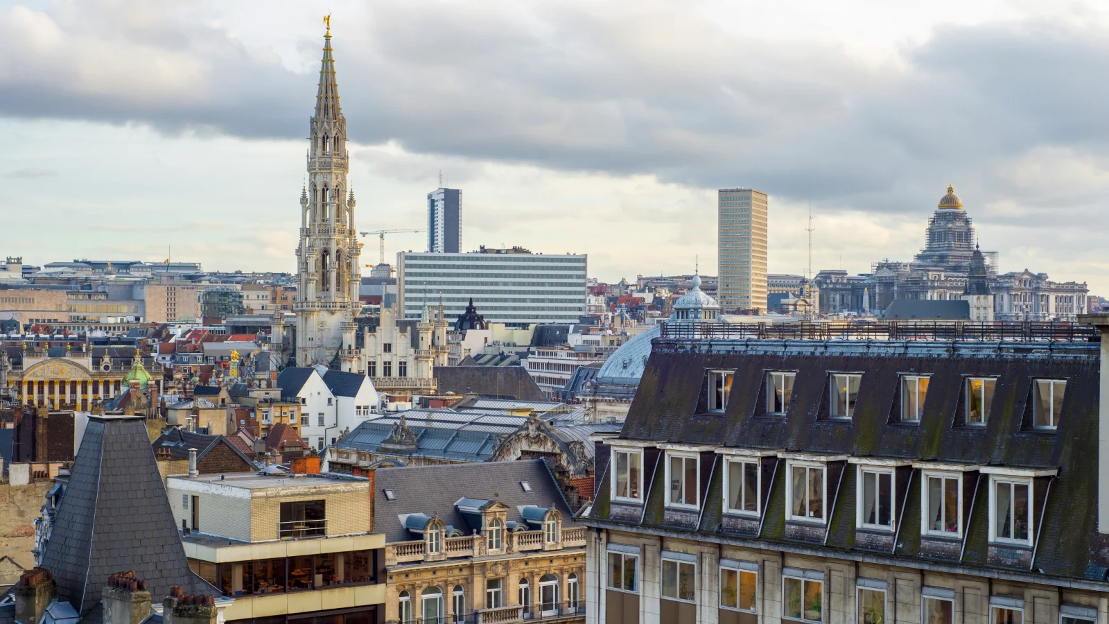 Panoramic view of Brussels, Belgium, city center and typical rooftops in 2025.
