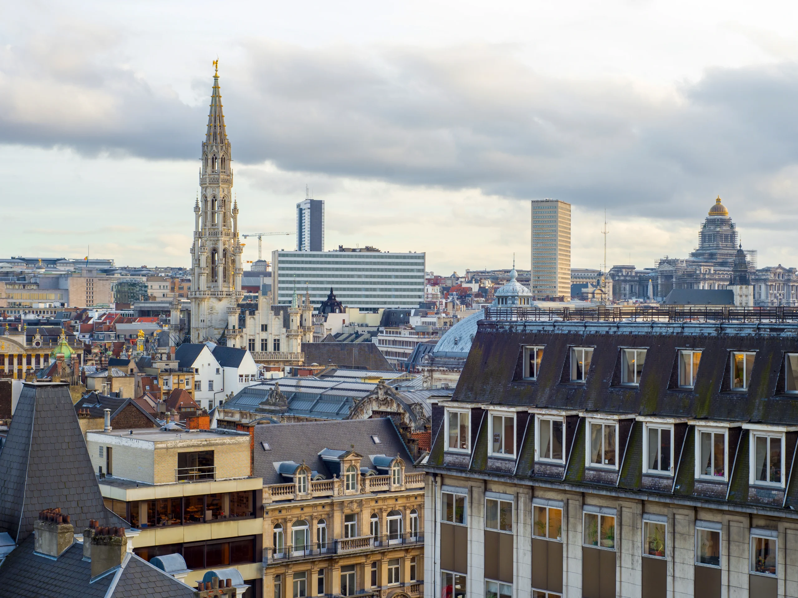 Panoramic view of Brussels, Belgium, city center and typical rooftops in 2025.