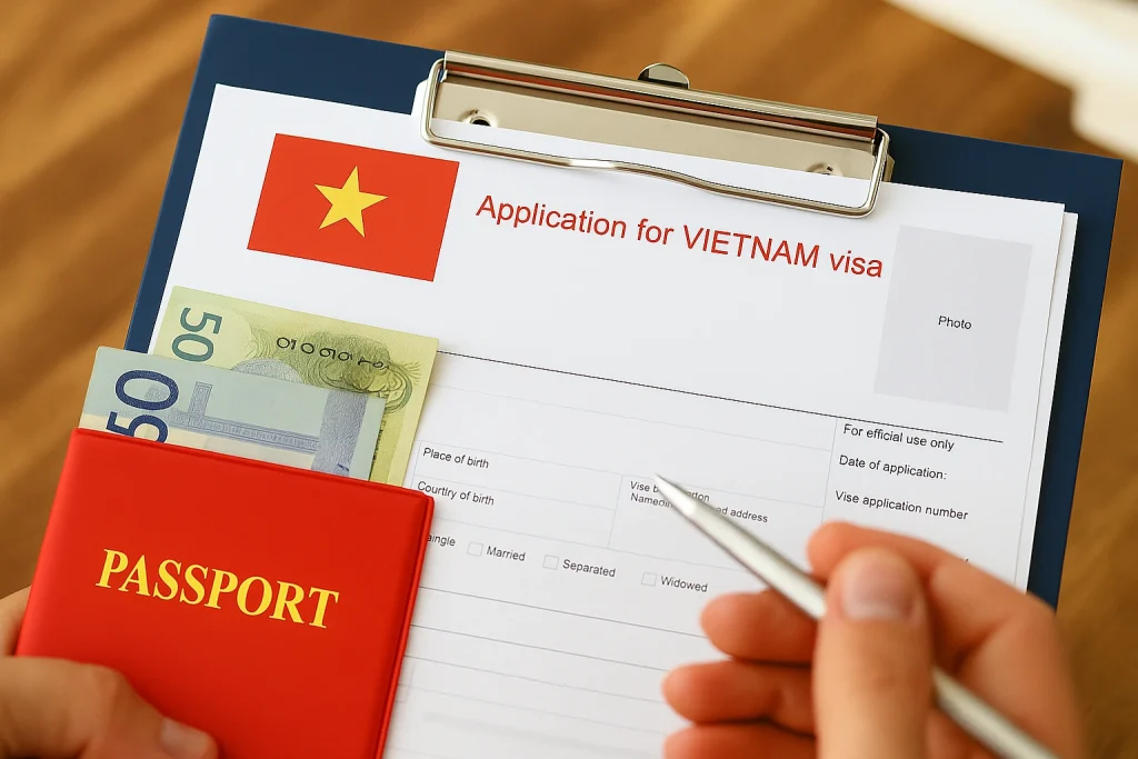 Formulaire de demande de visa pour le Vietnam avec passeport et billets, visa au Vietnam