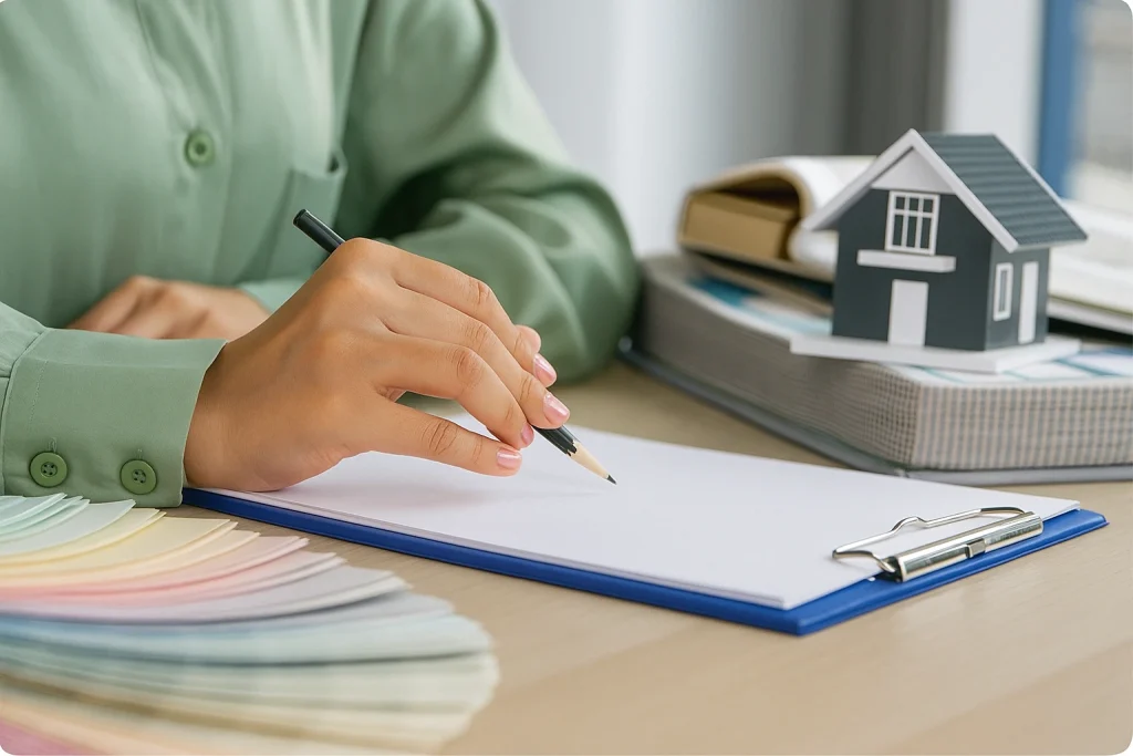 Signature d’un contrat de location, avec dossier et maquette de maison, illustrant les démarches pour trouver un logement au Luxembourg.