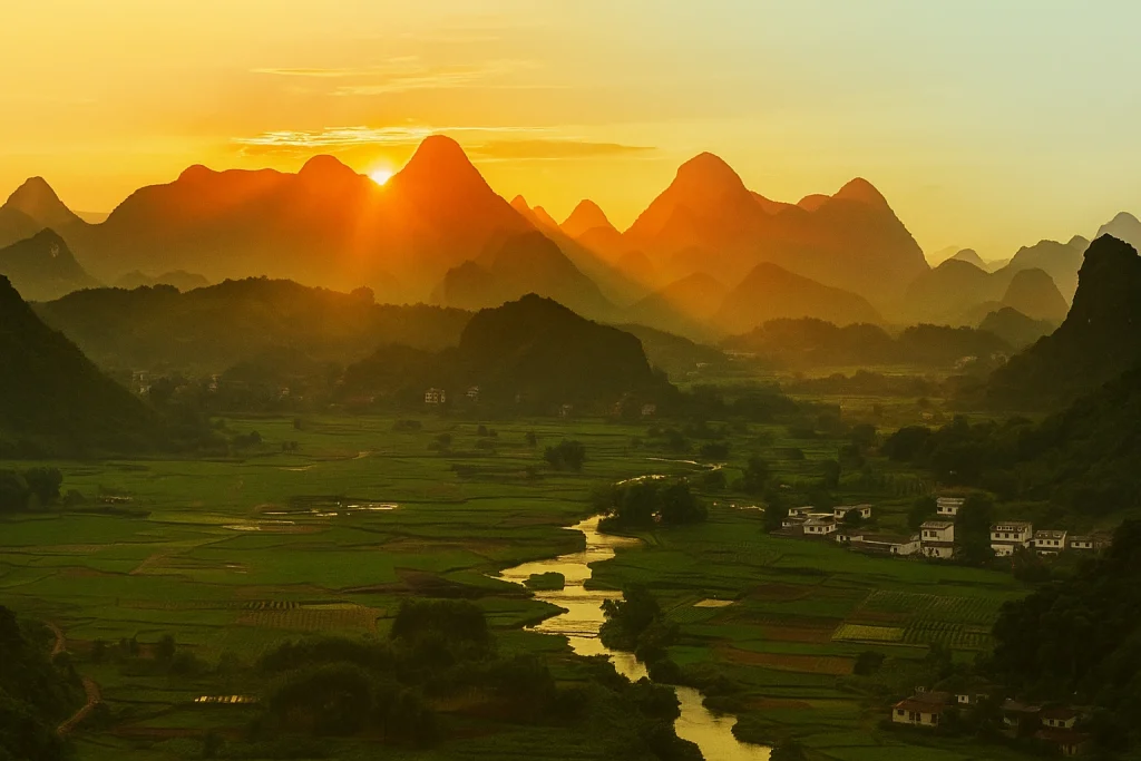Paysage de montagnes et rizières au Vietnam au coucher du soleil.