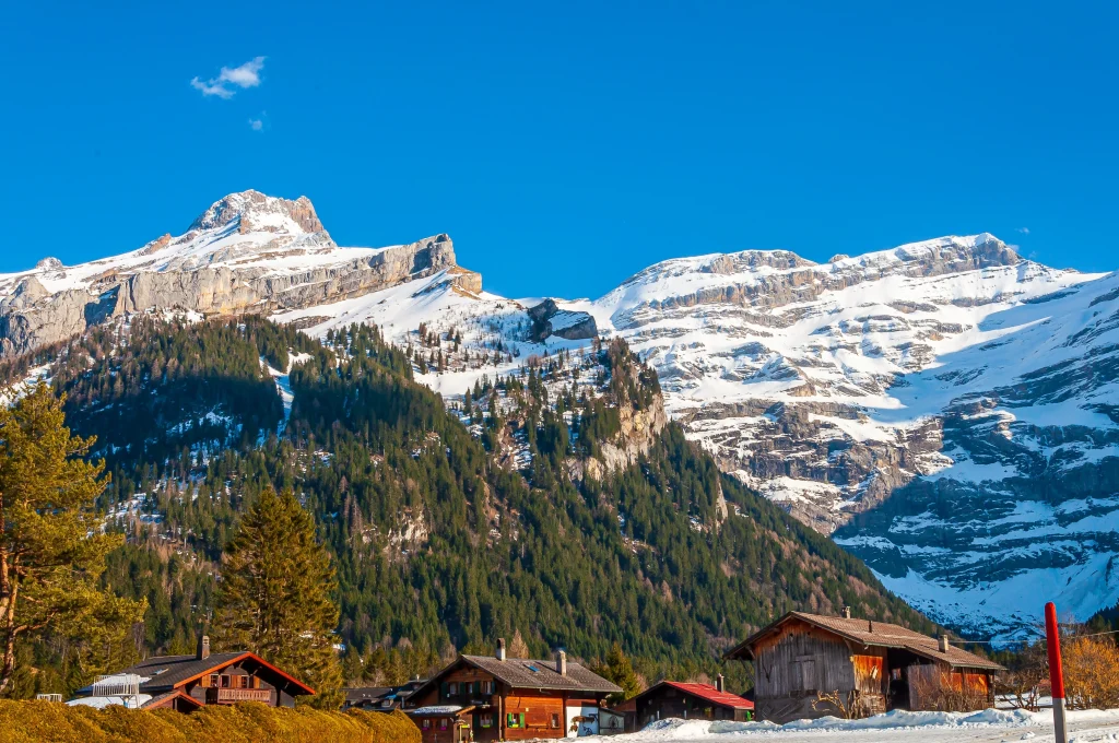 Paysage alpin en Suisse avec des chalets traditionnels, une vallée boisée et des sommets enneigés sous un ciel bleu.