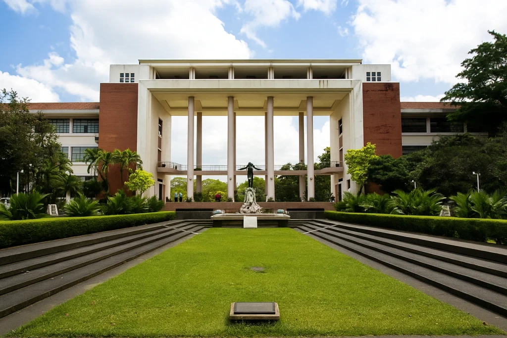 Main building of the University of the Philippines in Diliman with the Oblation statue in the center, Quezon City.