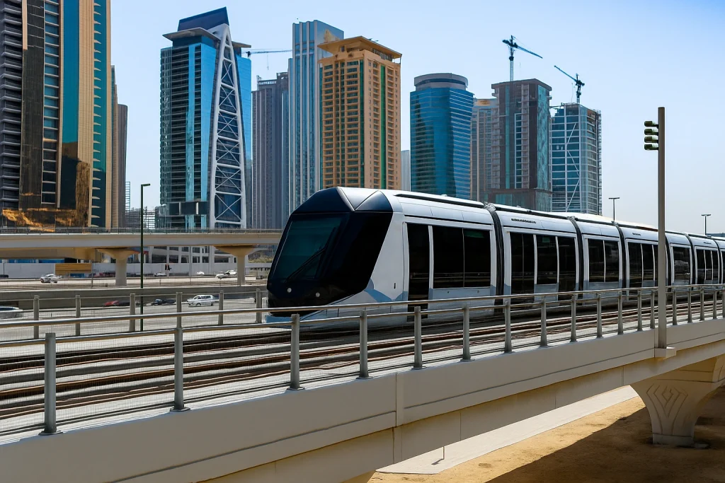 Modern tram in Dubai running between skyscrapers, illustrating the cost of living in Dubai and its efficient transportation system.