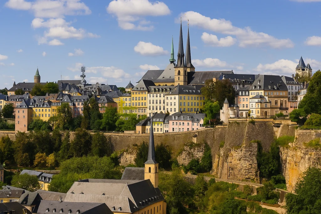 Vue panoramique de Luxembourg-ville avec la vieille ville, ses falaises et les flèches de la cathédrale, symbole du logement au Luxembourg en 2025.
