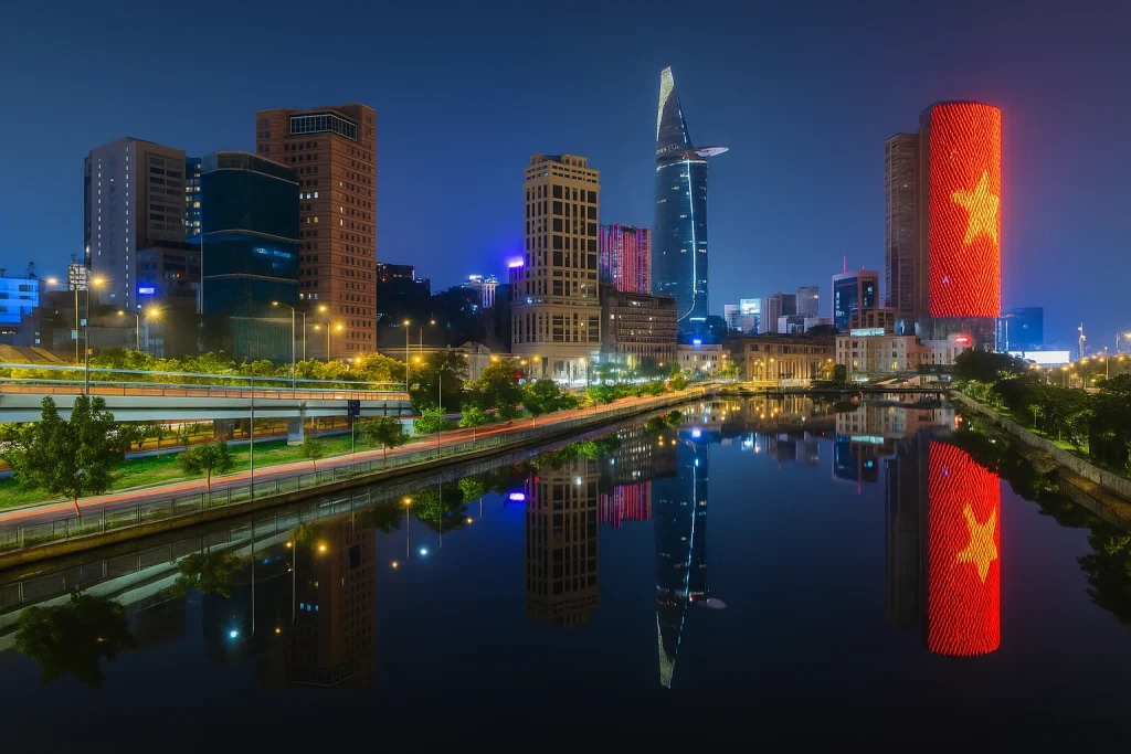 Vue nocturne d’Hô Chi Minh-Ville avec la Bitexco Tower, symbole du logement au Vietnam moderne.