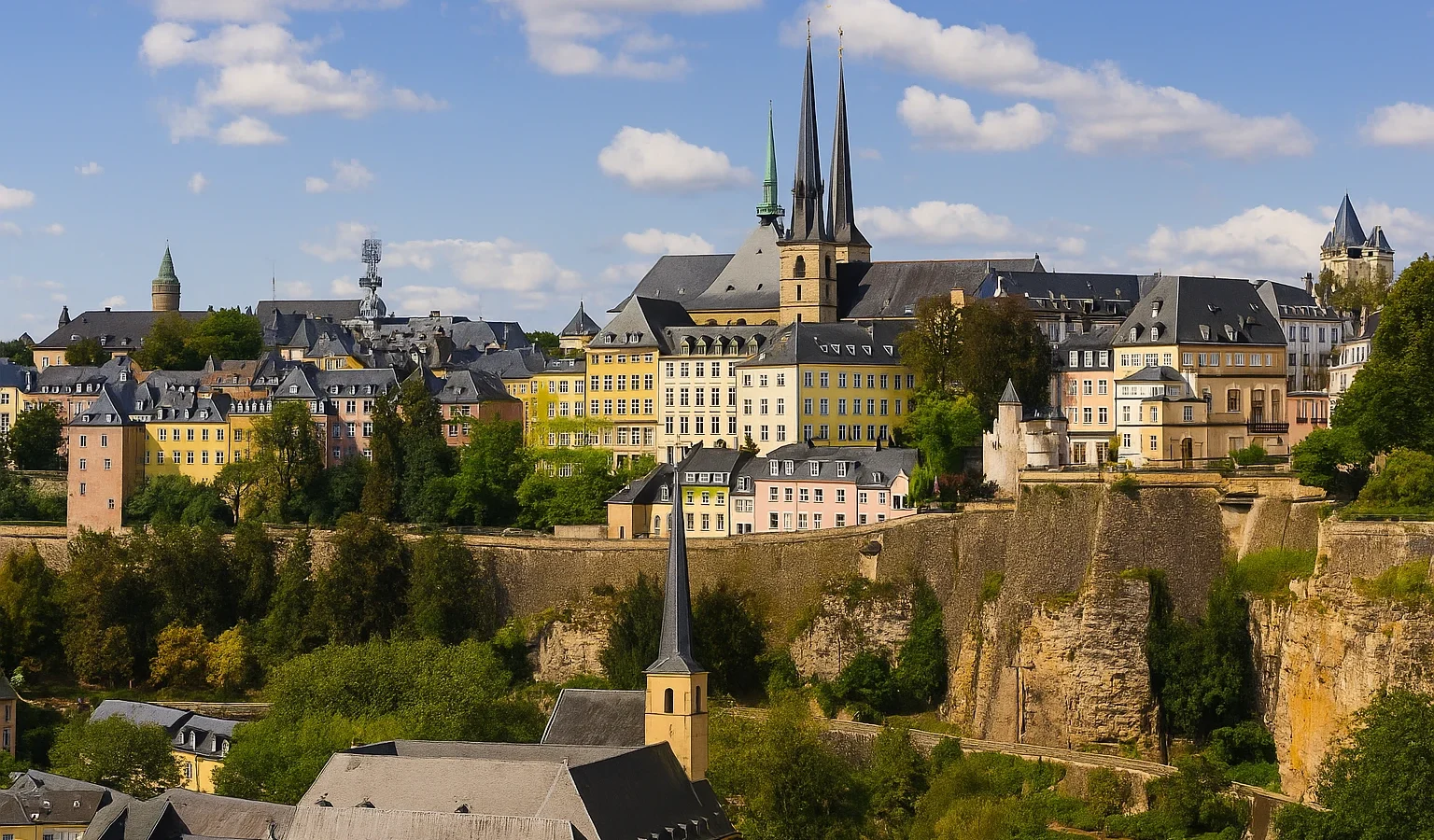 Panoramic view of Luxembourg City featuring the old town, its cliffs, and the cathedral spires, a symbol of housing in Luxembourg in 2025.
