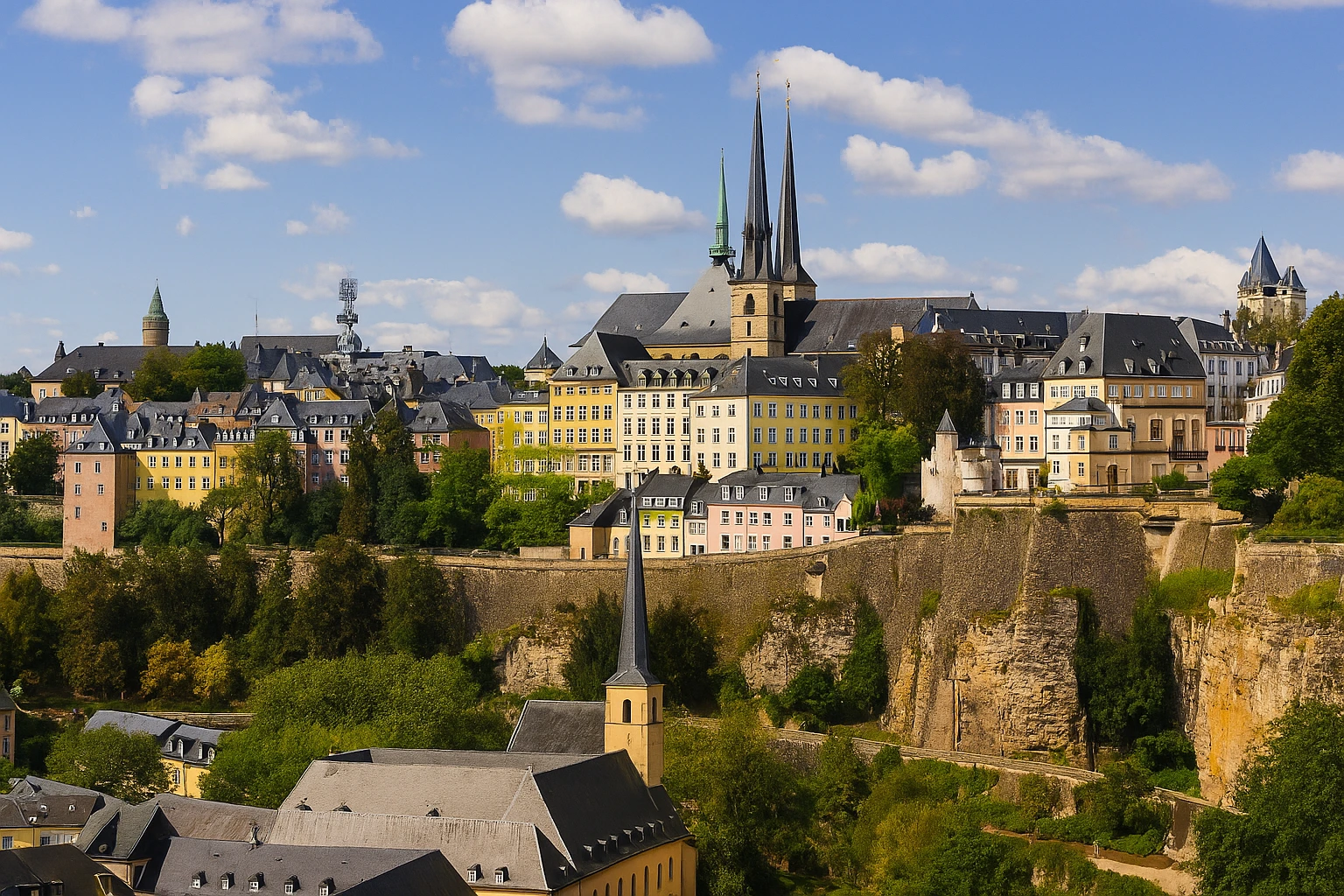 Panoramic view of Luxembourg City featuring the old town, its cliffs, and the cathedral spires, a symbol of housing in Luxembourg in 2025.